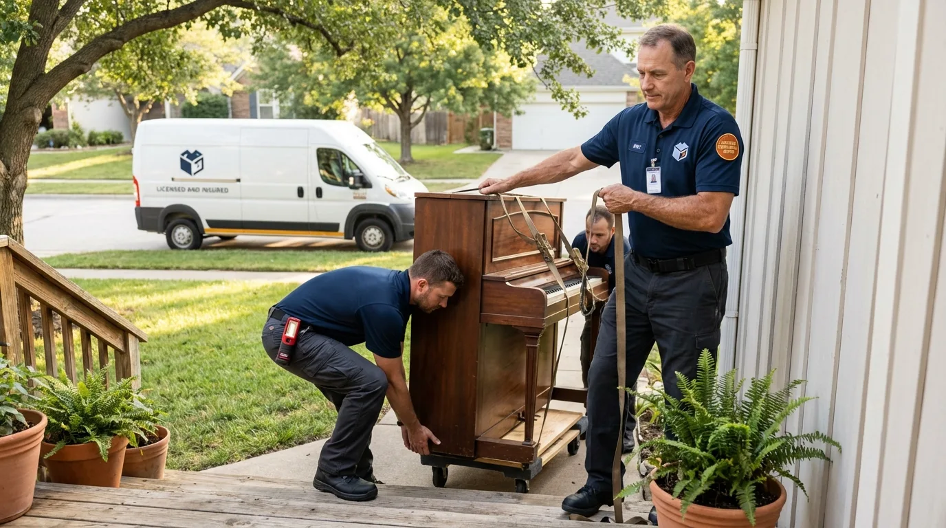 Licensed piano movers securing grand piano in Pandora, OH