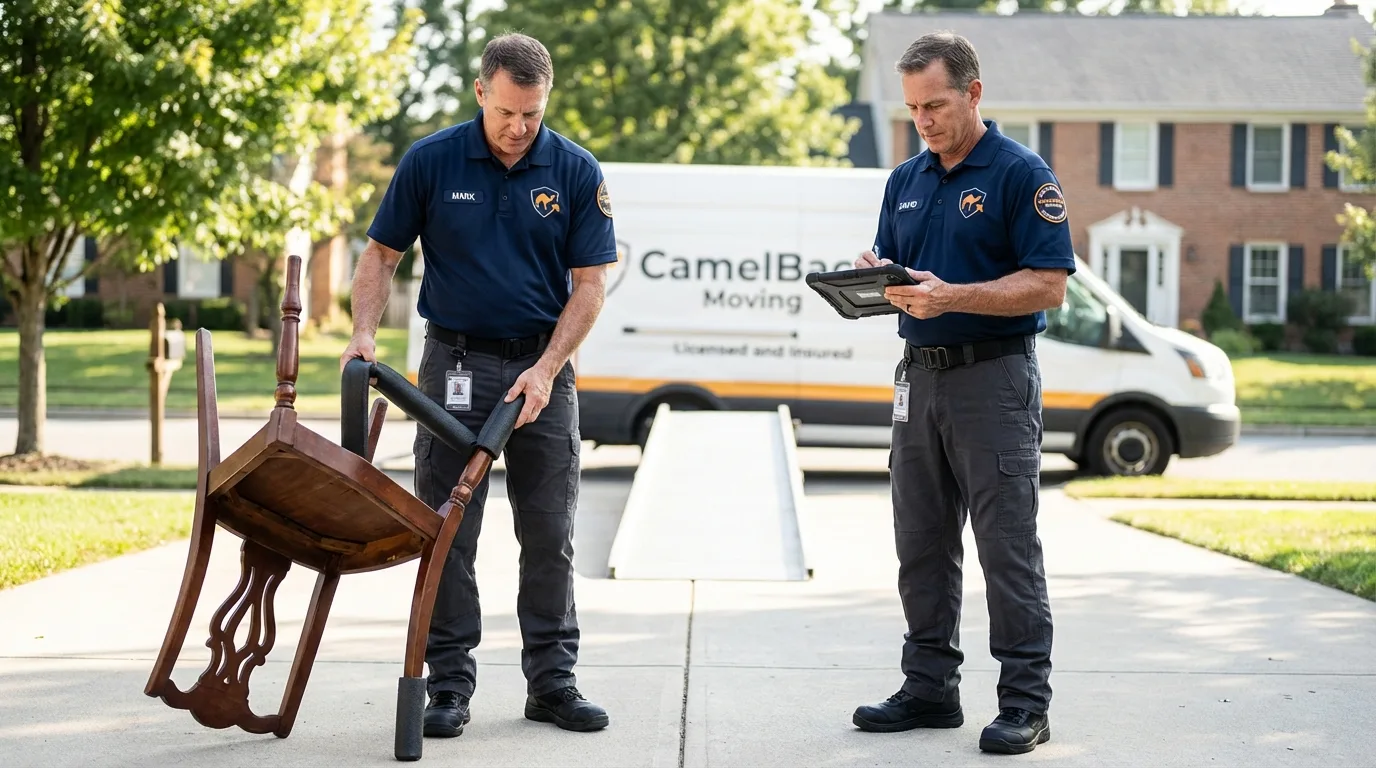 Movers inspecting furniture for damage prevention before loading in Pandora, OH