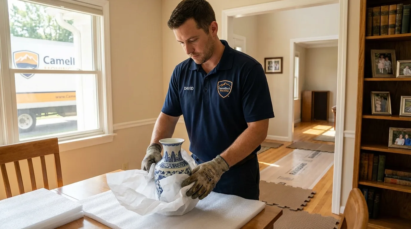 Professional crew carefully wrapping antique vase for senior downsizing move in Pandora, OH